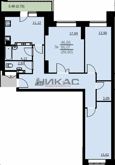 88,8 м², 3-комнатная квартира 6 660 000 ₽ - изображение 1