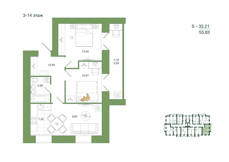 55,6 м², 2-комнатная квартира 5 952 410 ₽ - изображение 1