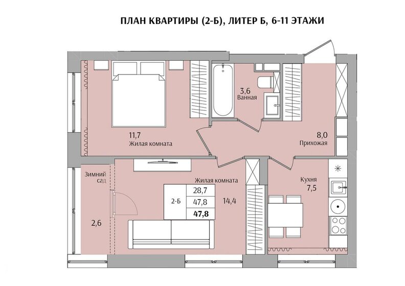 47,8 м², 2-комнатная квартира 7 347 800 ₽ - изображение 1