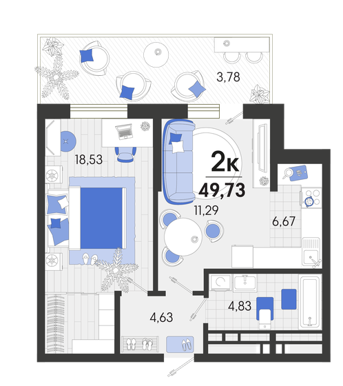 49,7 м², 1-комнатная квартира 6 862 740 ₽ - изображение 1