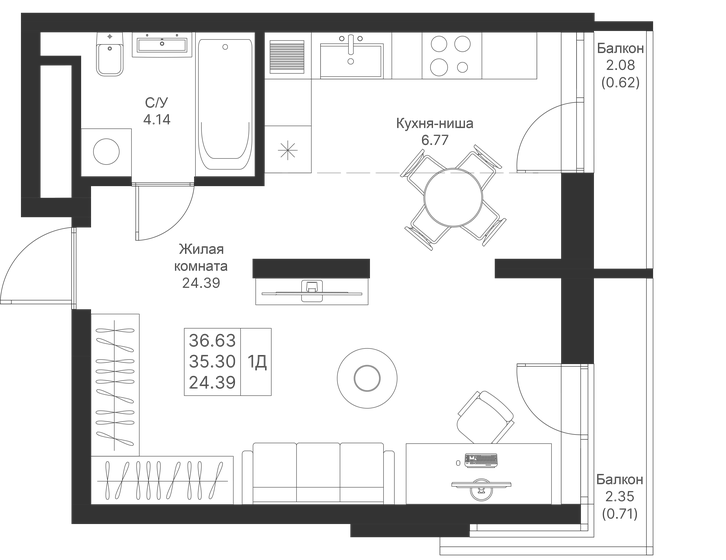 36,6 м², 1-комнатная квартира 9 157 500 ₽ - изображение 1