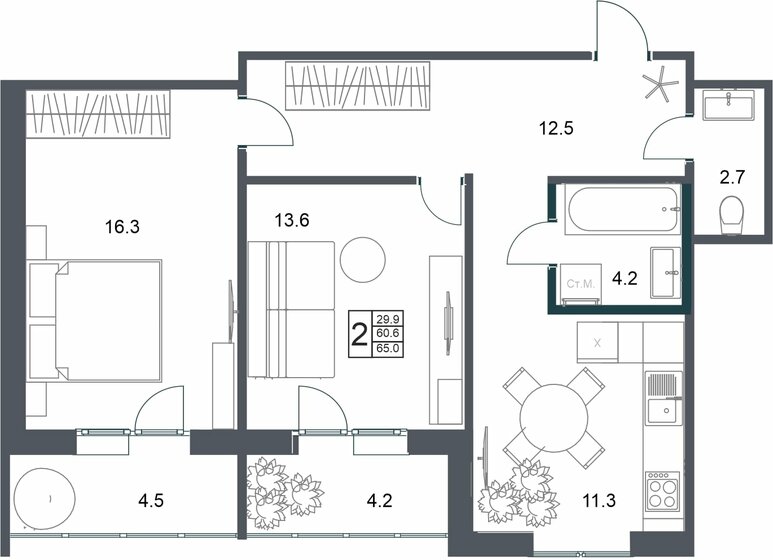 65 м², 2-комнатная квартира 5 713 500 ₽ - изображение 1