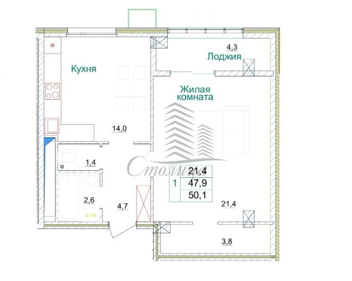 47,9 м², 1-комнатная квартира 4 660 000 ₽ - изображение 1