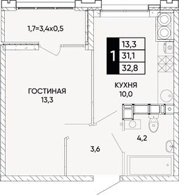 Квартира 32,8 м², 1-комнатная - изображение 1