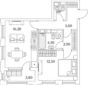 Квартира 45,2 м², 1-комнатная - изображение 1