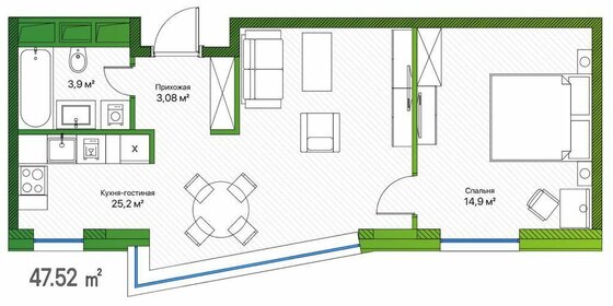 Квартира 47,5 м², 1-комнатные - изображение 1