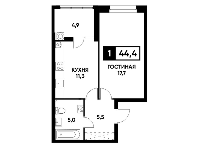 44,4 м², 1-комнатная квартира 4 839 600 ₽ - изображение 1