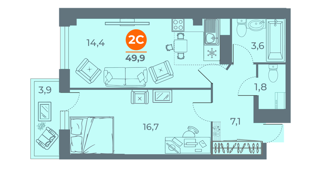50,5 м², 2-комнатная квартира 6 951 325 ₽ - изображение 26