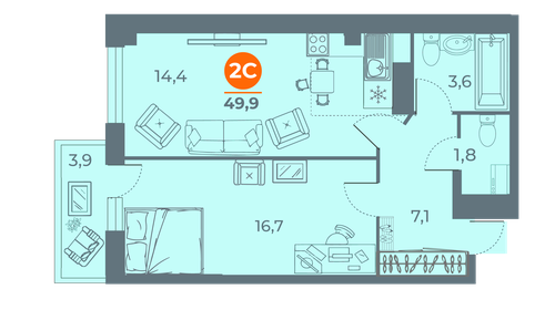 Квартира 50,5 м², 2-комнатная - изображение 1