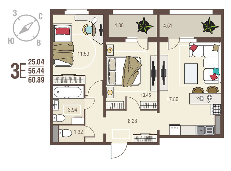 60,9 м², 2-комнатная квартира 5 662 770 ₽ - изображение 18