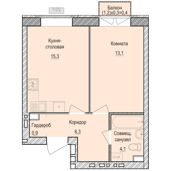 40 м², 1-комнатная квартира 3 695 000 ₽ - изображение 1