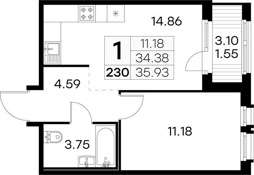 35,9 м², 1-комнатная квартира 6 949 999 ₽ - изображение 1