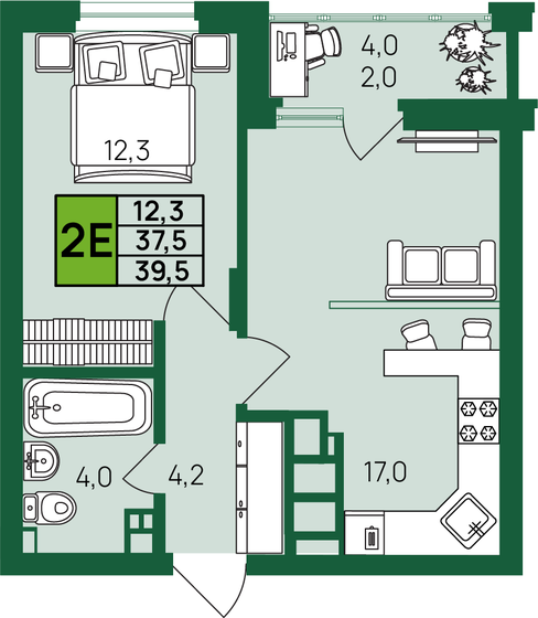 39,5 м², 1-комнатная квартира 4 614 830 ₽ - изображение 1