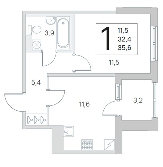 32,4 м², 2-комнатная квартира 6 492 960 ₽ - изображение 1