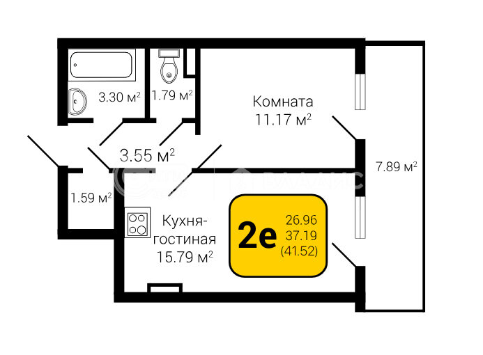 41,5 м², 2-комнатная квартира 5 190 000 ₽ - изображение 1