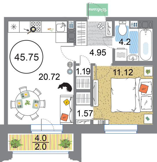45,8 м², 1-комнатная квартира 12 764 250 ₽ - изображение 1