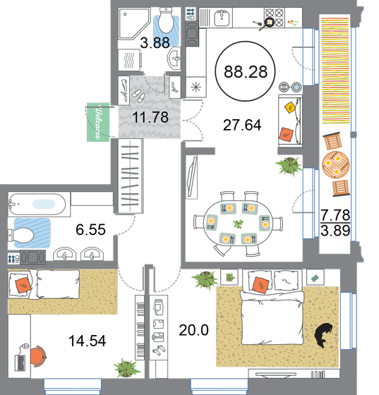 88,3 м², 2-комнатная квартира 24 709 572 ₽ - изображение 1