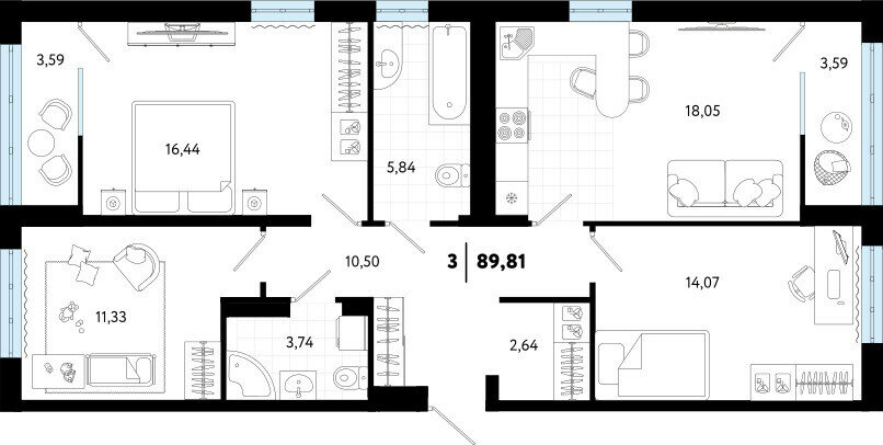 89,8 м², 3-комнатная квартира 9 990 000 ₽ - изображение 1