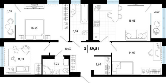 89,8 м², 3-комнатная квартира 9 990 000 ₽ - изображение 44