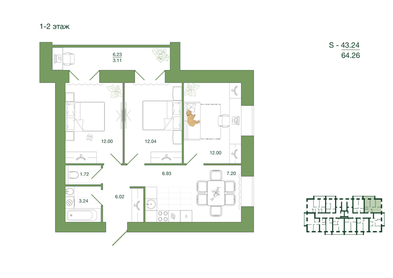 64,3 м², 3-комнатная квартира 5 719 140 ₽ - изображение 1