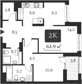 Квартира 62,9 м², 2-комнатная - изображение 1