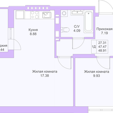 Квартира 48,9 м², 1-комнатная - изображение 3