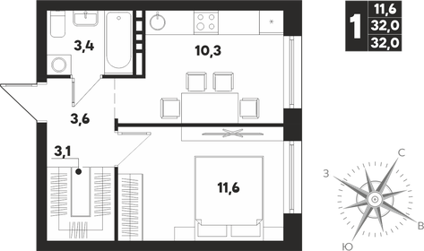 Квартира 32 м², 1-комнатная - изображение 1