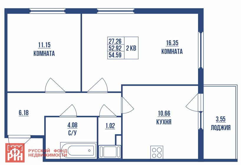 55 м², 2-комнатная квартира 9 400 000 ₽ - изображение 1