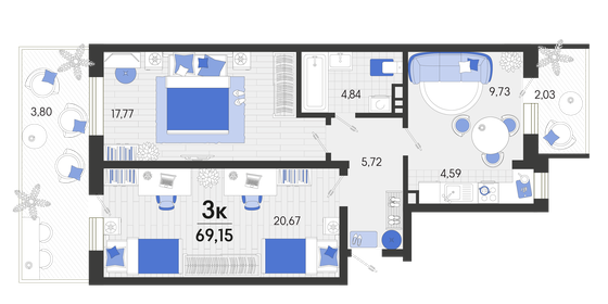 Квартира 69,2 м², 3-комнатная - изображение 1