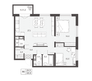 Квартира 68,8 м², 2-комнатная - изображение 1