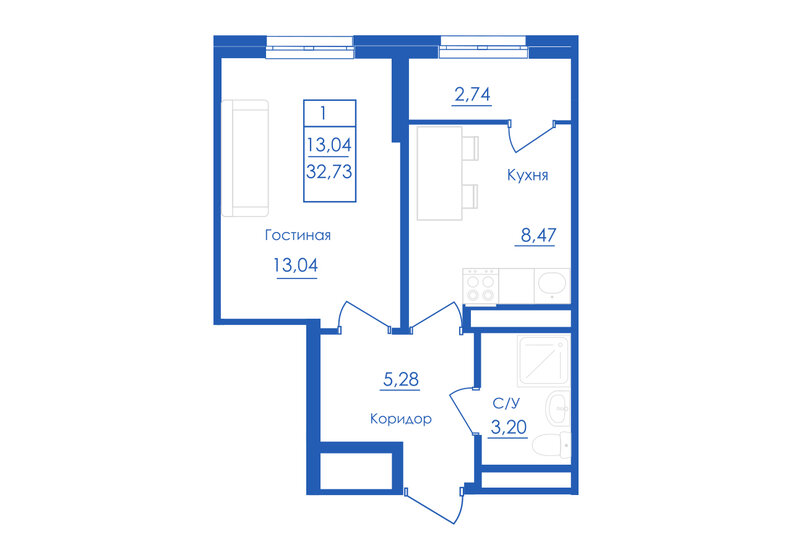32,7 м², 1-комнатная квартира 3 833 760 ₽ - изображение 1
