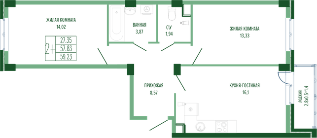 60 м², 2-комнатная квартира 16 377 000 ₽ - изображение 18