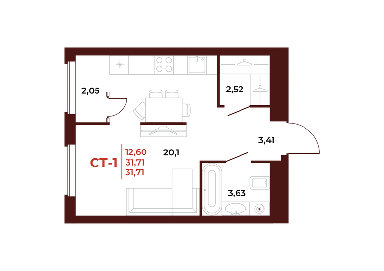 31,7 м², квартира-студия 3 963 750 ₽ - изображение 1