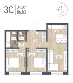 Квартира 56,5 м², 3-комнатная - изображение 1