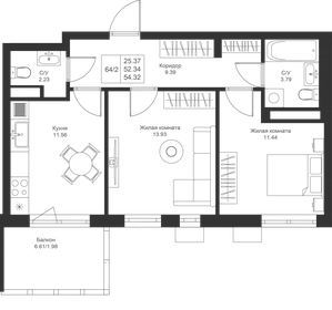 Квартира 54,3 м², 2-комнатная - изображение 1