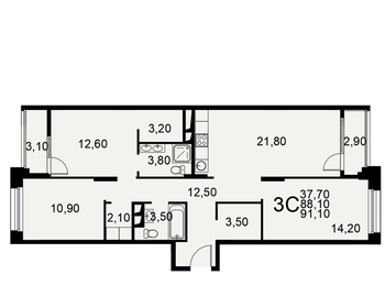 Квартира 91,1 м², 3-комнатная - изображение 1