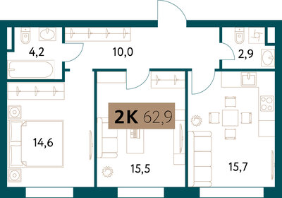 Квартира 63 м², 2-комнатная - изображение 1