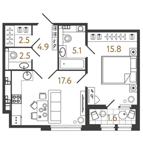 Квартира 48,4 м², 1-комнатная - изображение 1