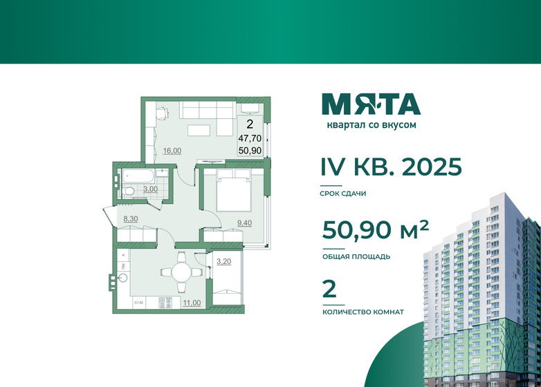 47,7 м², 2-комнатная квартира 6 057 900 ₽ - изображение 1