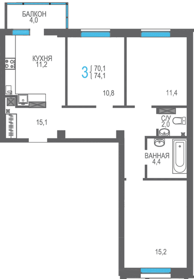74,1 м², 3-комнатная квартира 9 188 400 ₽ - изображение 51