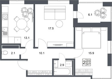 Квартира 64,7 м², 2-комнатная - изображение 1