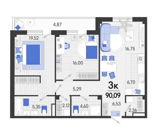 90,1 м², 3-комнатная квартира 11 711 700 ₽ - изображение 1