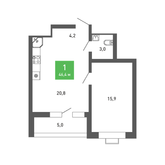 46,4 м², 1-комнатная квартира 5 542 278 ₽ - изображение 1