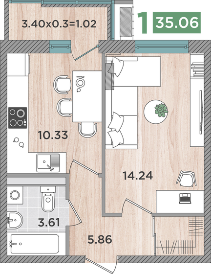 35,1 м², 1-комнатная квартира 4 629 569 ₽ - изображение 1