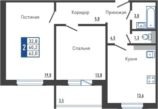 Квартира 62,2 м², 2-комнатная - изображение 1