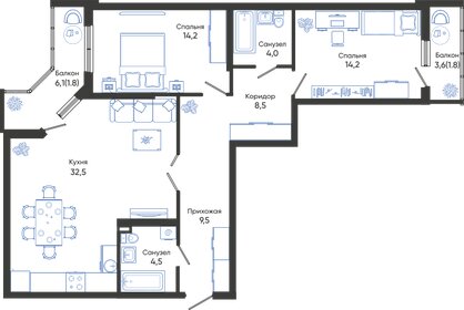 Квартира 91 м², 2-комнатная - изображение 1