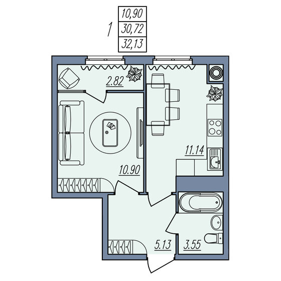 32,1 м², 1-комнатная квартира 3 148 740 ₽ - изображение 1