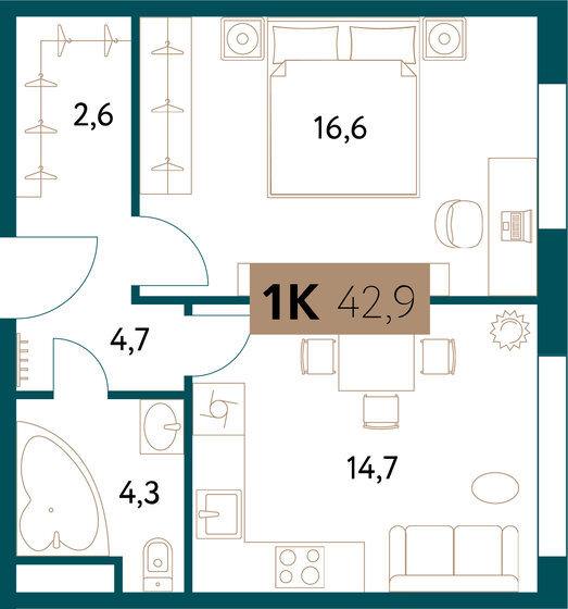 42,8 м², 2-комнатная квартира 26 378 674 ₽ - изображение 29