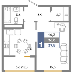 Квартира 37,8 м², 1-комнатная - изображение 1