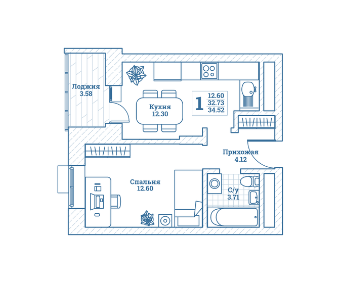 34,5 м², 1-комнатная квартира 4 176 920 ₽ - изображение 1